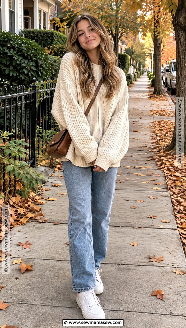 Girls Fall Outfit With an Oversized Sweater and Jeans - 15 girls fall outfit ideas