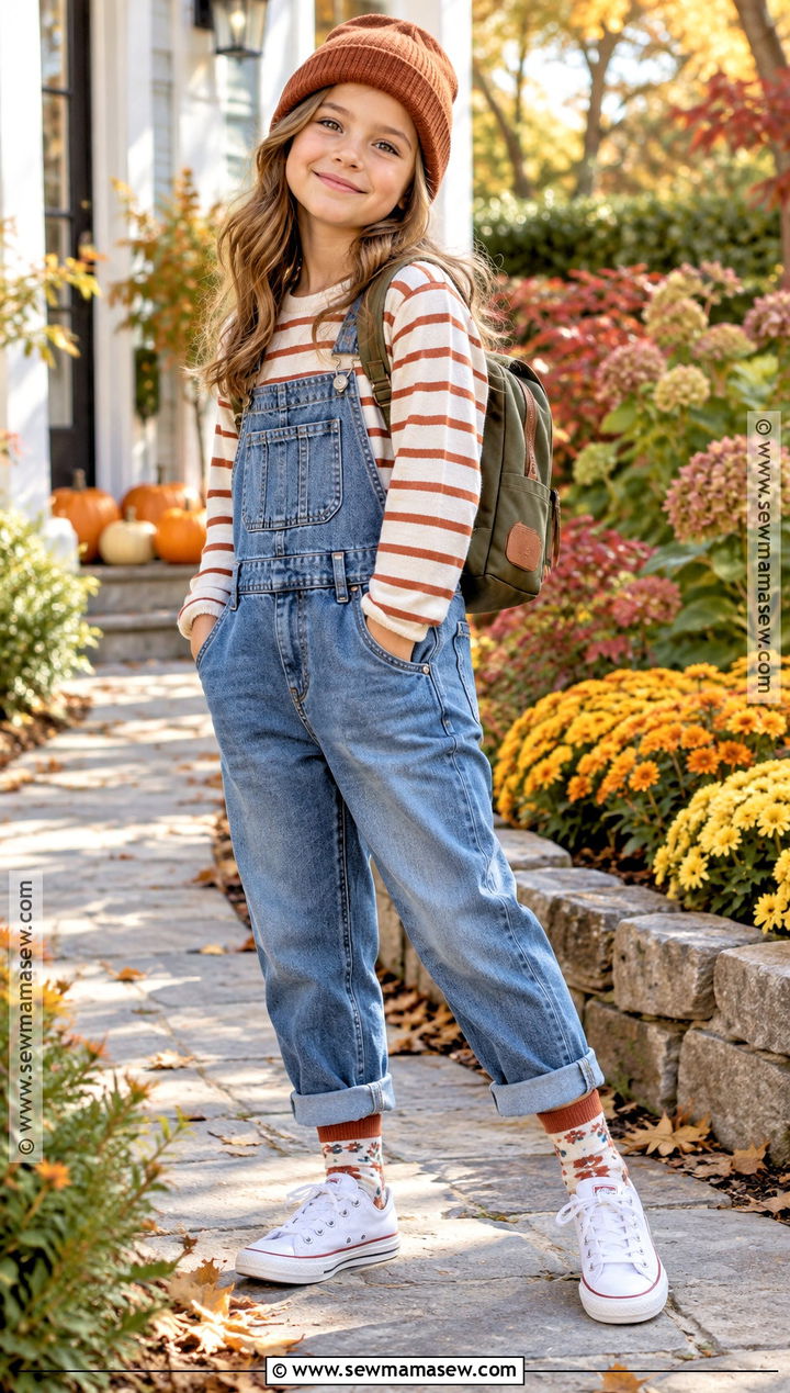 Girls Fall Overalls And Striped Shirt Outfit - 20 fall outfits for girls 7-8