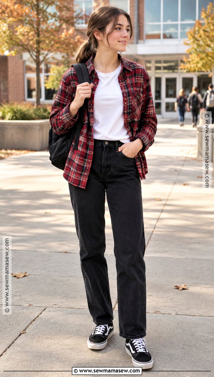 Girls Flannel Shirt and Black Jeans School Outfit - 15 back to school outfits for girls 2026