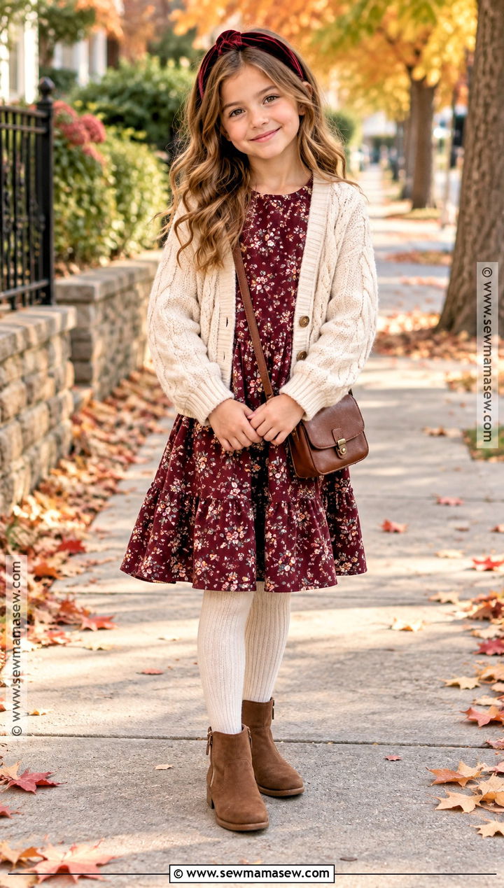 Girls Floral Fall Dress With Cardigan And Boots - 20 Girls Fall Dresses