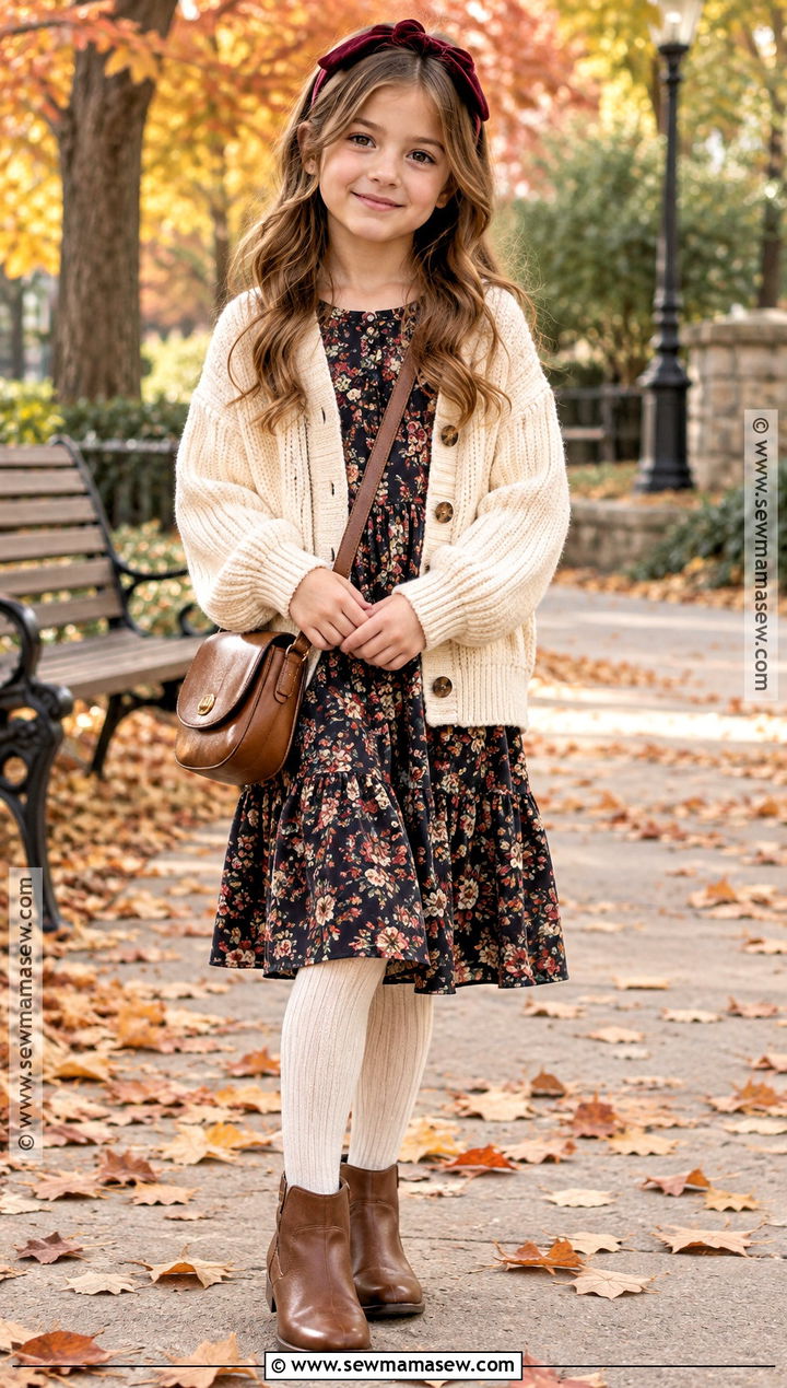 Girls Floral Midi Dress With Cardigan And Boots - 15 girls fall dress ideas