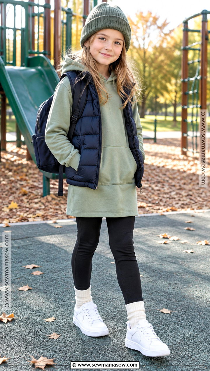 Girls Hoodie Dress With Puffer Vest And Sneakers - 15 girls fall dress ideas