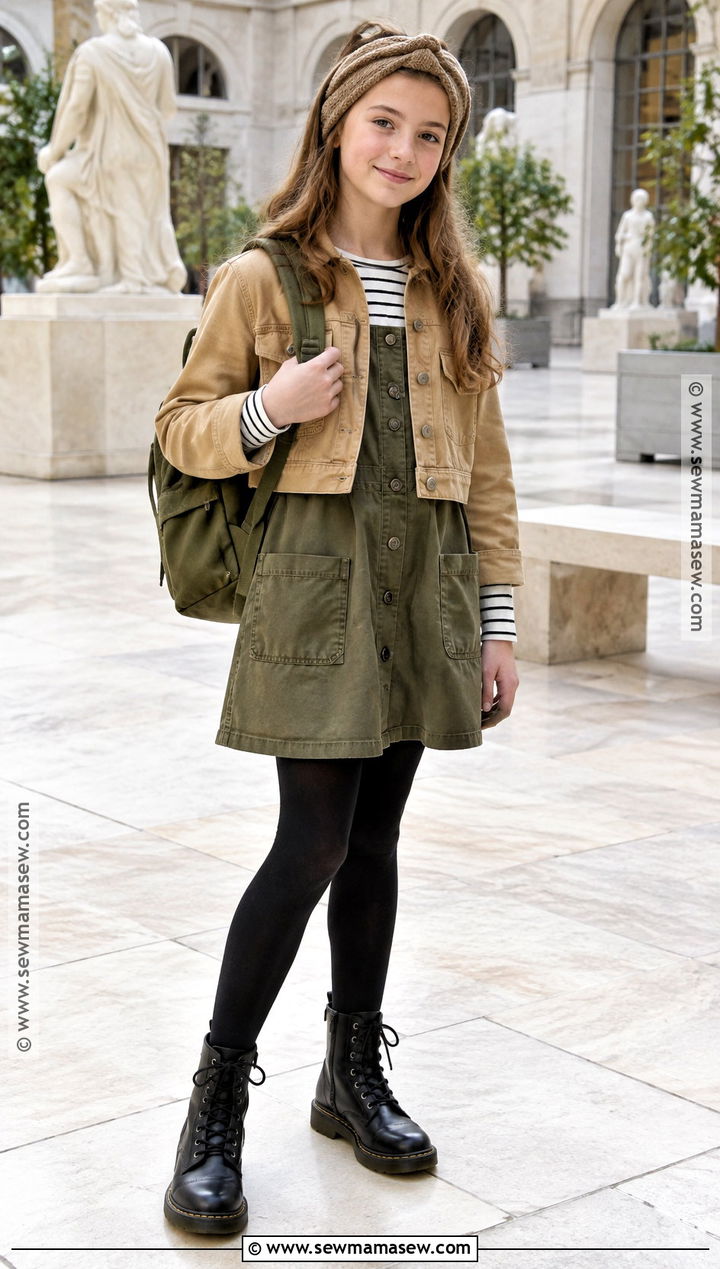 Girls Olive Utility Dress With Striped Top And Combat Boots - 15 girls fall dress ideas