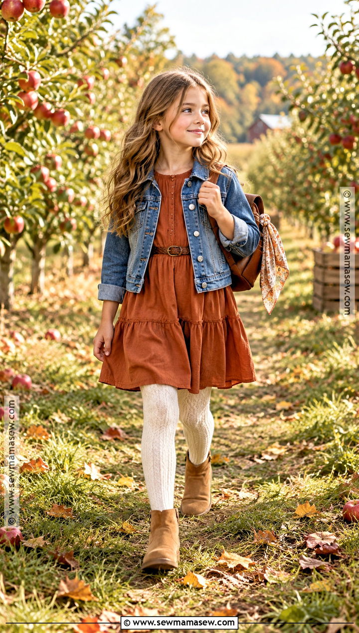 Girls Rust Long Sleeve Dress With Denim Jacket And Boots - 15 girls fall dress ideas