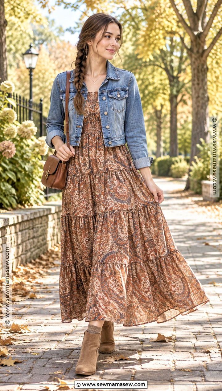 Girls Tiered Fall Maxi Dress With Denim Jacket - 20 Girls Fall Dresses