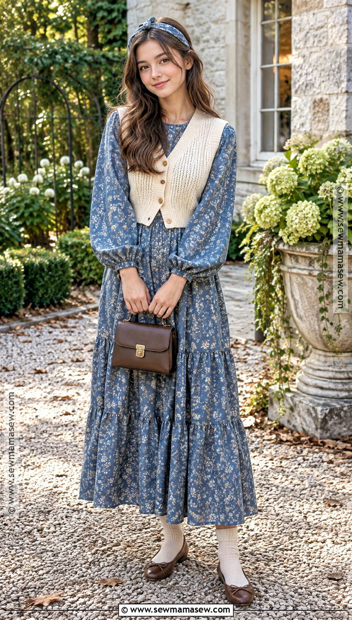 Girls Tiered Maxi Dress With Knit Vest And Ballet Flats - 15 girls fall dress ideas