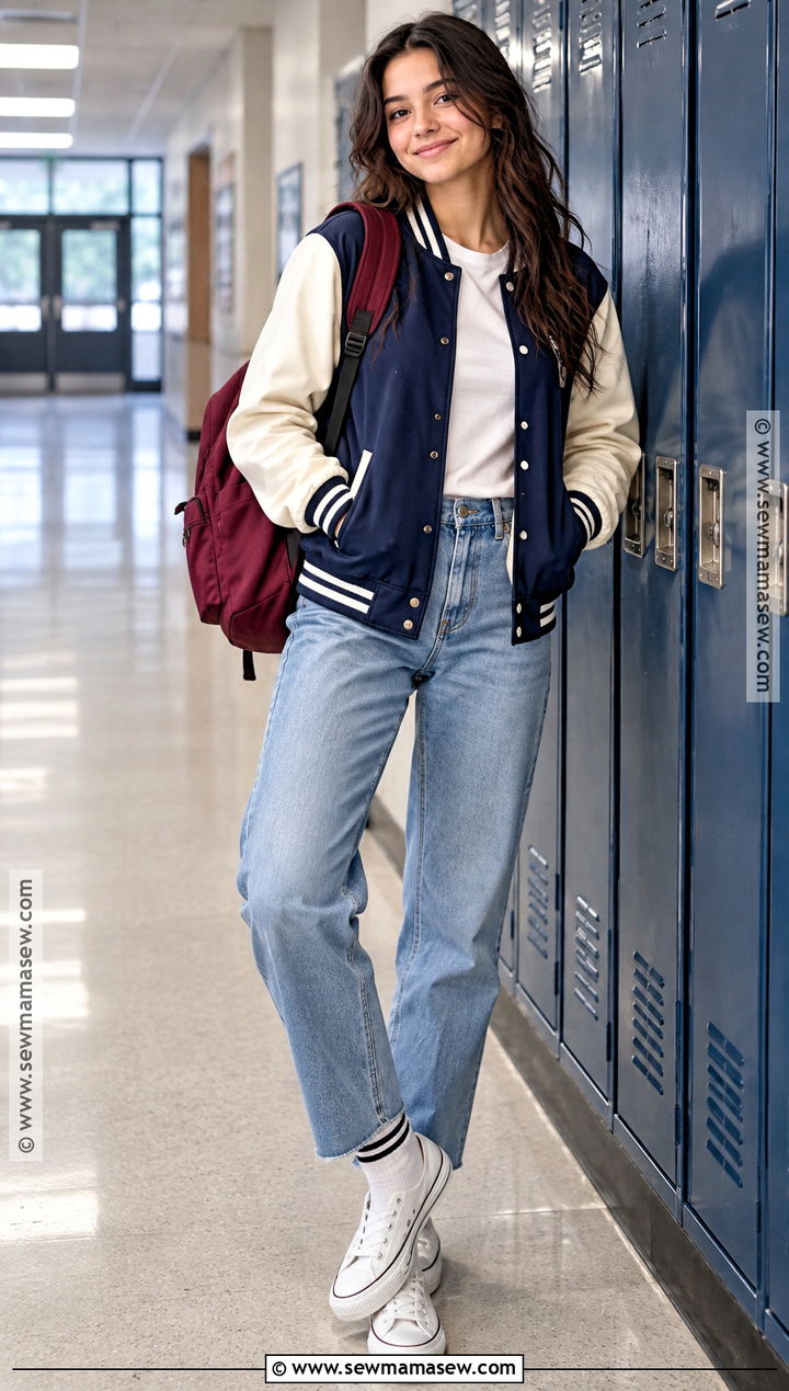 Girls Varsity Jacket and Jeans School Outfit - 15 back to school outfits for girls 2026