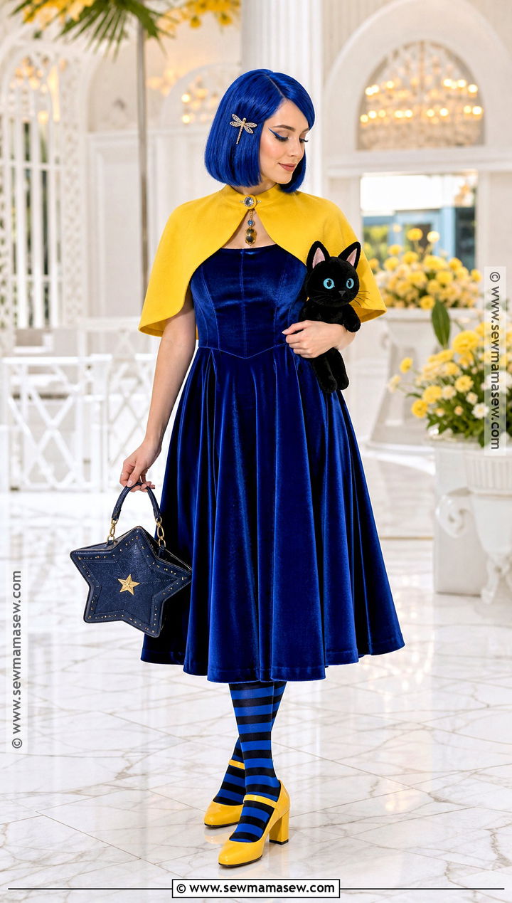Glam Coraline Costume With Blue Velvet Dress - 30 caroline costume ideas