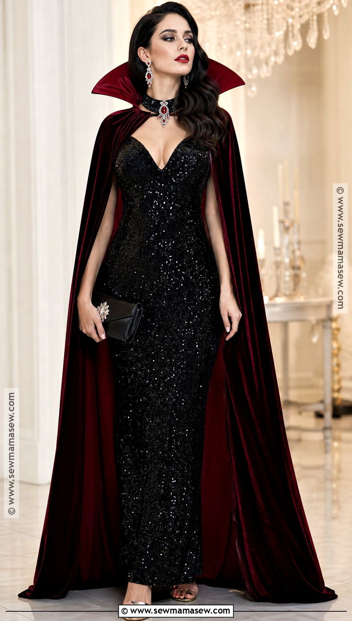 Glam Dracula Costume With Sequin Gown - 30 Dracula Costume Ideas for Women
