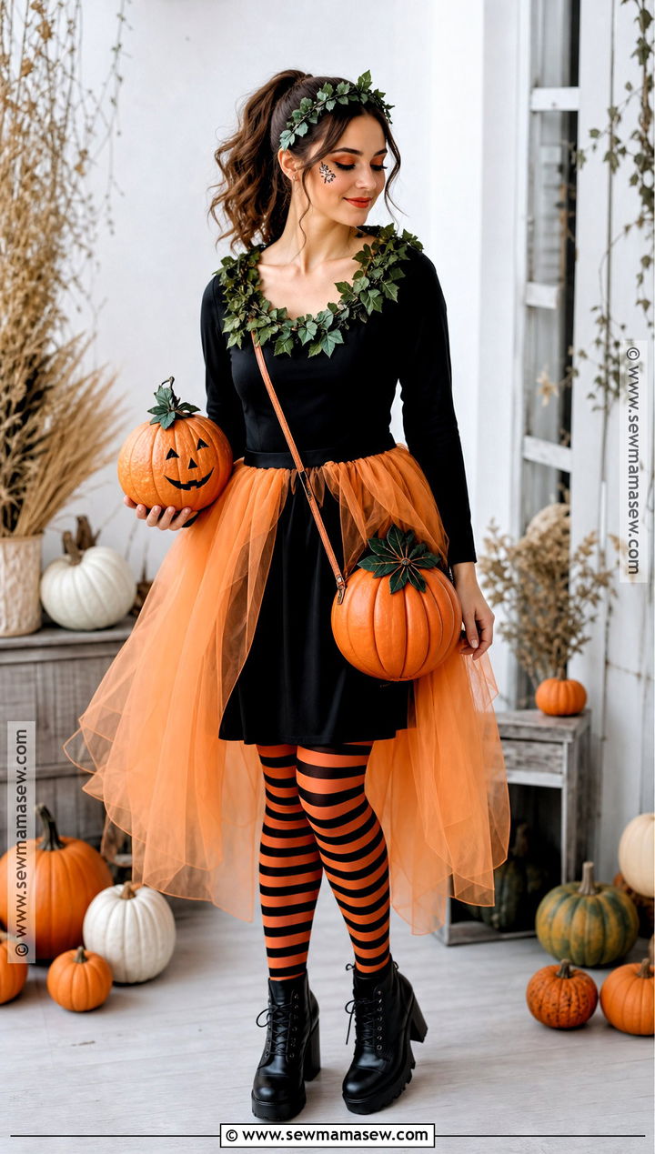 Glam Pumpkin Costume With Black Dress - 30 Black Dress Halloween Ideas