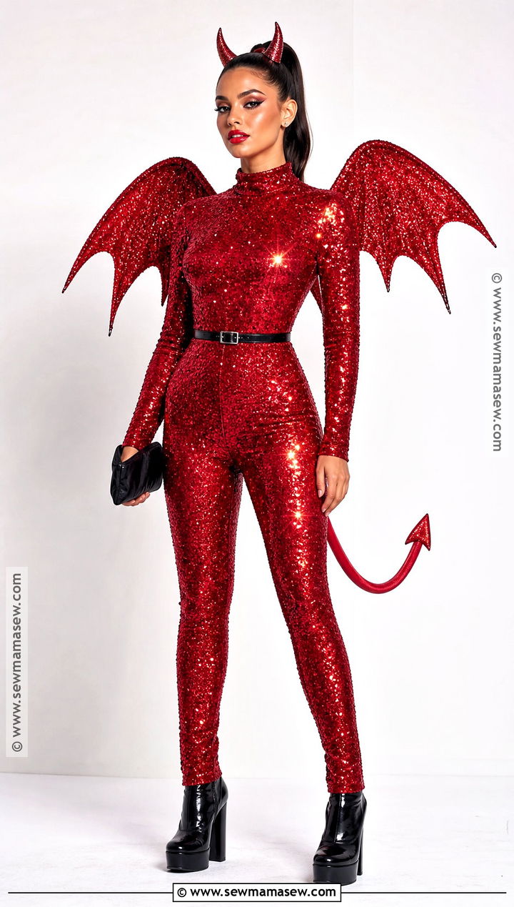Glam Red Devil Costume With Sequin Jumpsuit - 30 Red Devil Halloween Costume Ideas