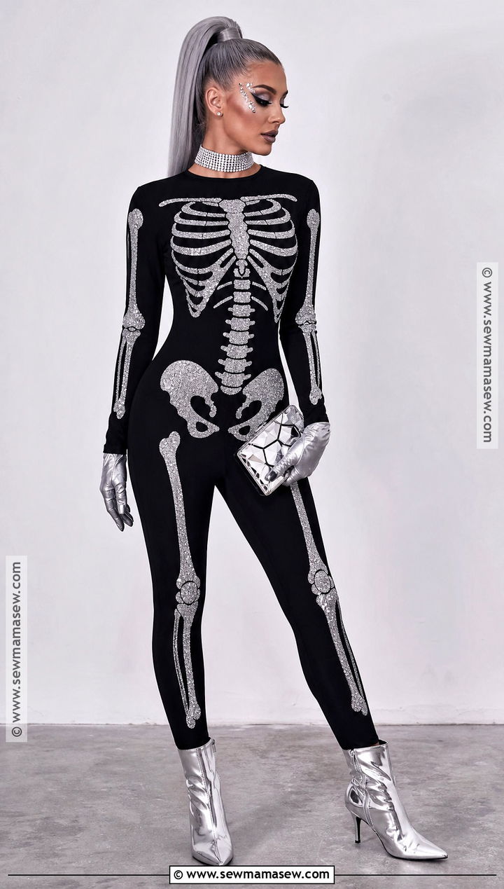 Glam Skeleton Costume With Rhinestone Makeup - 35 halloween aesthetic costume ideas