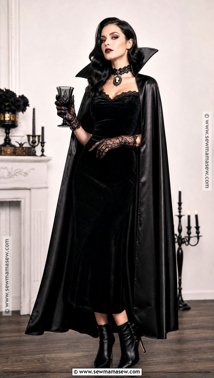 Glam Vampire Costume With Black Velvet Dress - 30 All Black Halloween Costume Ideas for Women