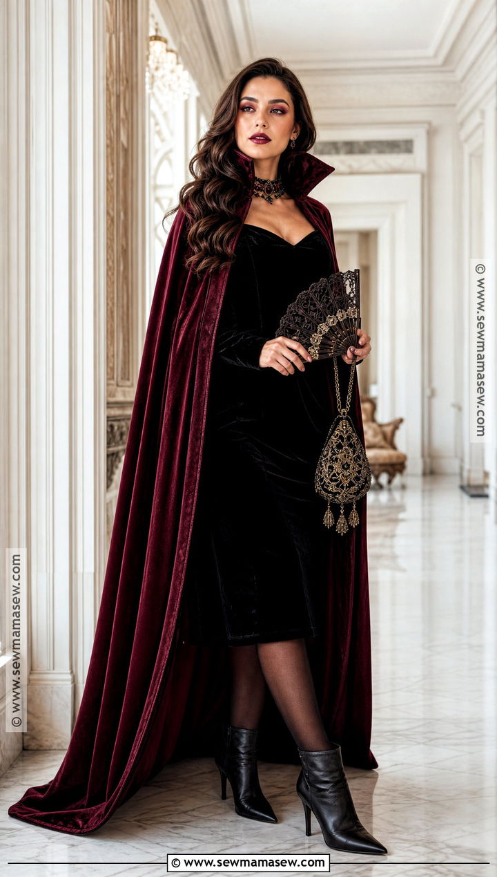 Glam Vampire Costume With Burgundy Cape - 30 Solo Halloween Costumes Women Brunette