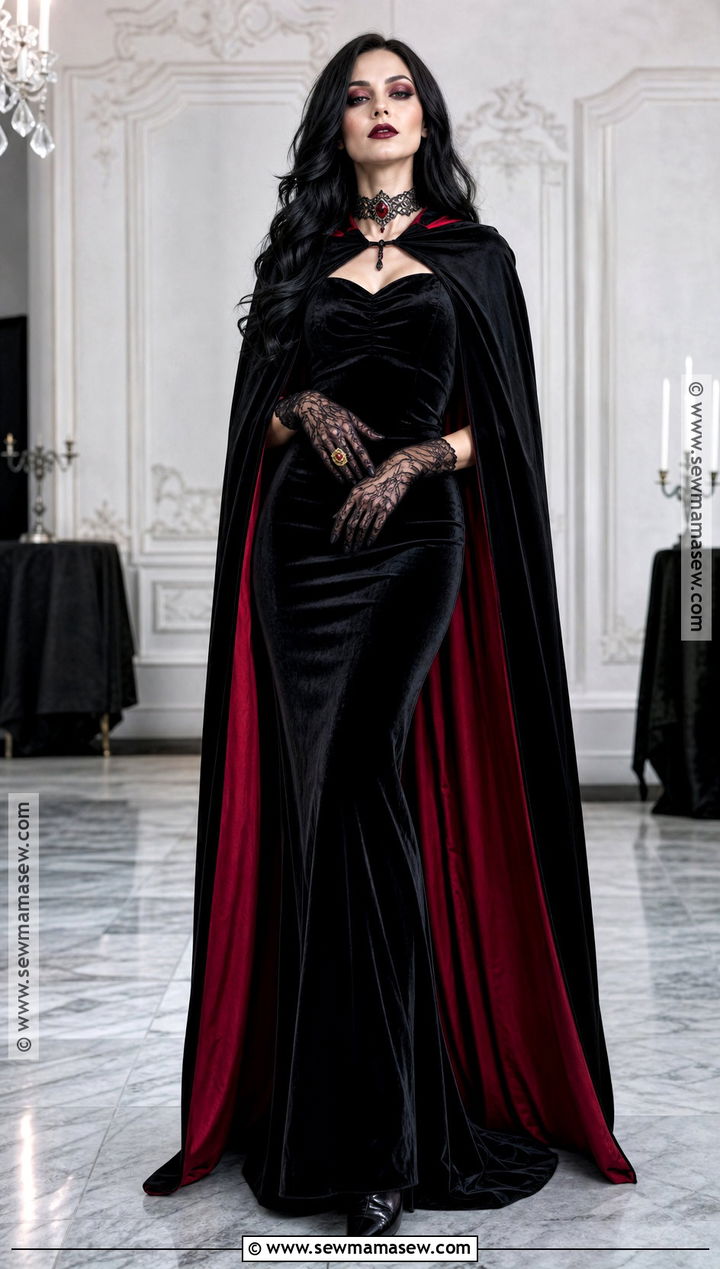 Glam Vampire Costume With Red Cape - 30 long black hair halloween costumes