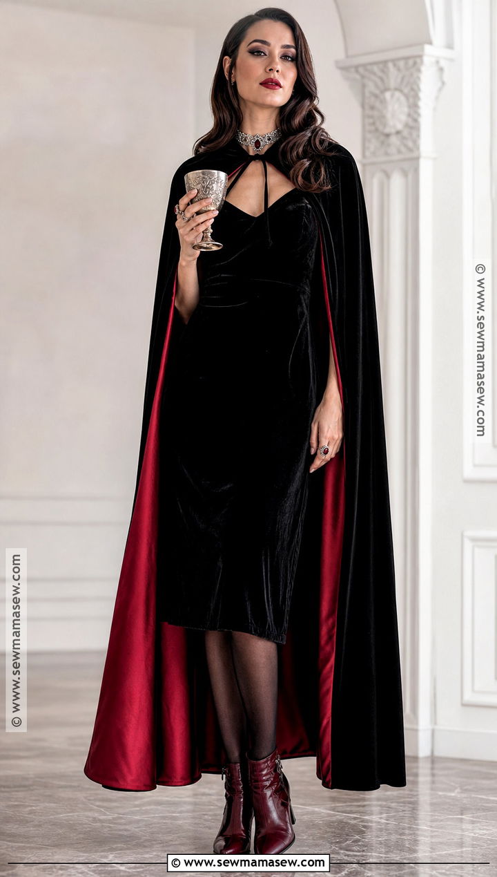 Glam Vampire Costume With Red Cape - 30 black dress halloween costume ideas