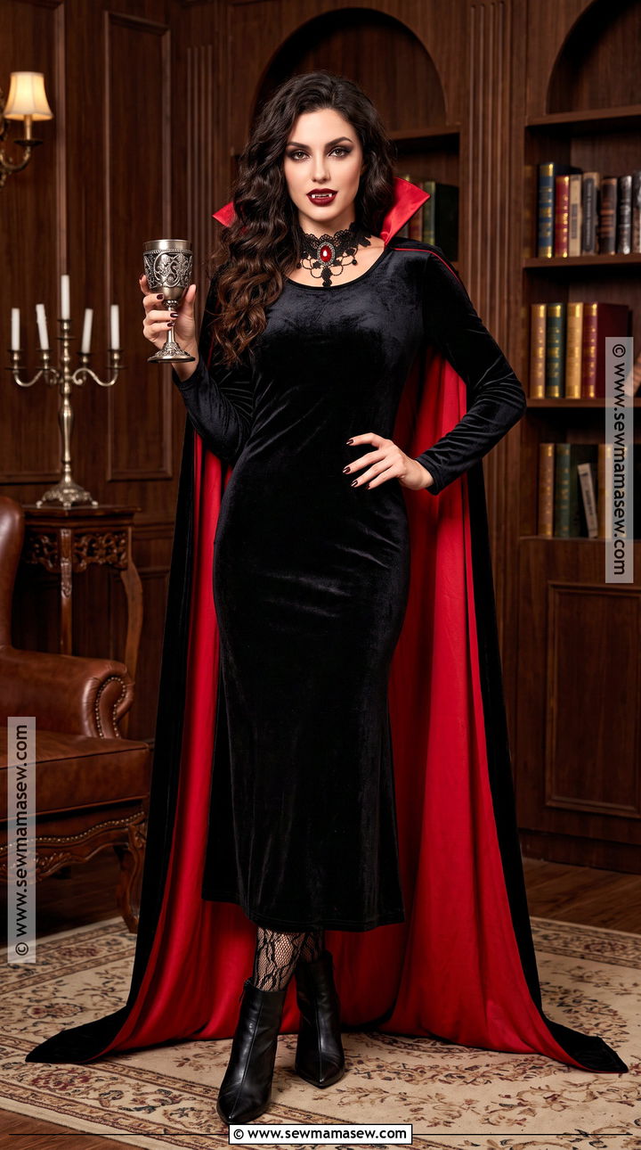 Glam Vampire Costume With Red Cape - 35 black dress costume ideas
