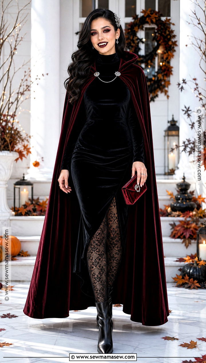 Glam Vampire Costume With Red Cape - 35 dark hair halloween costume ideas