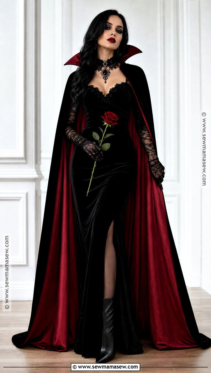 Glam Vampire Costume With Red Cape - 35 Halloween Costume Solo Ideas