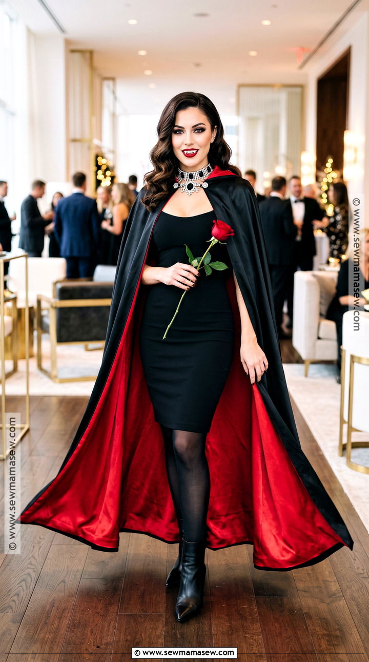Glam Vampire Costume With Red Cape - 40 black dress halloween costume ideas
