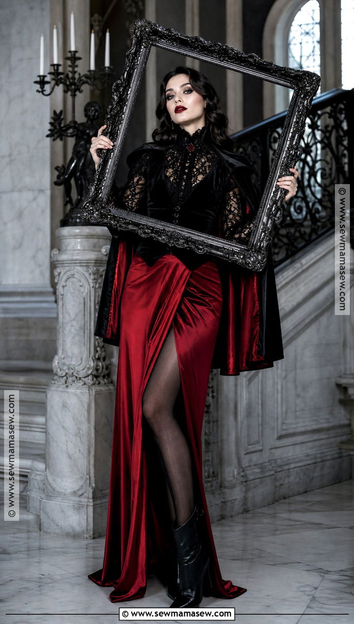 Glam Vampire Costume With Red Satin Skirt - 30 Red Skirt Halloween Costume Ideas