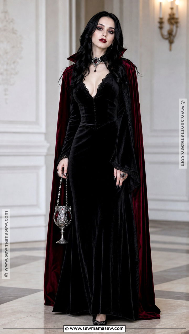 Glam Vampire Countess Costume With Red Cape - 30 long black hair costume ideas