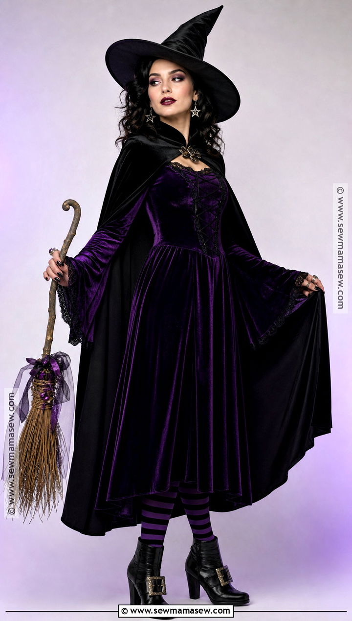Glam Witch Costume With Purple Velvet Dress - 35 curly hair halloween costume ideas