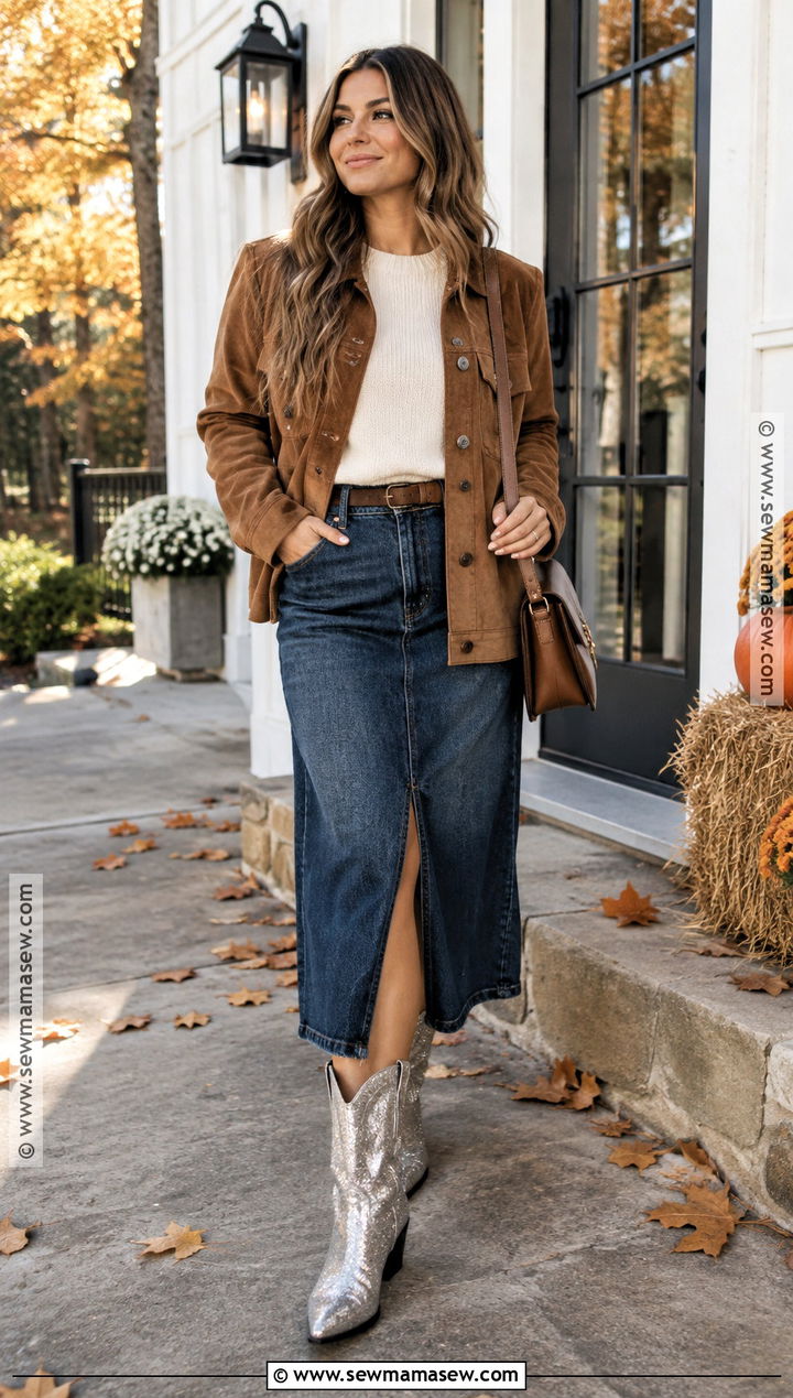 Glitter Cowboy Boots With Denim Skirt - 15 Glitter Boots Fall Fashion