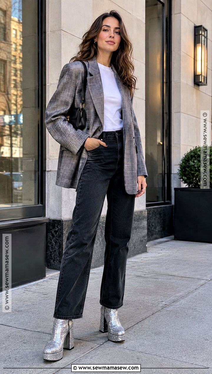 Glitter Platform Boots With Oversized Blazer - 15 Glitter Boots Fall Fashion