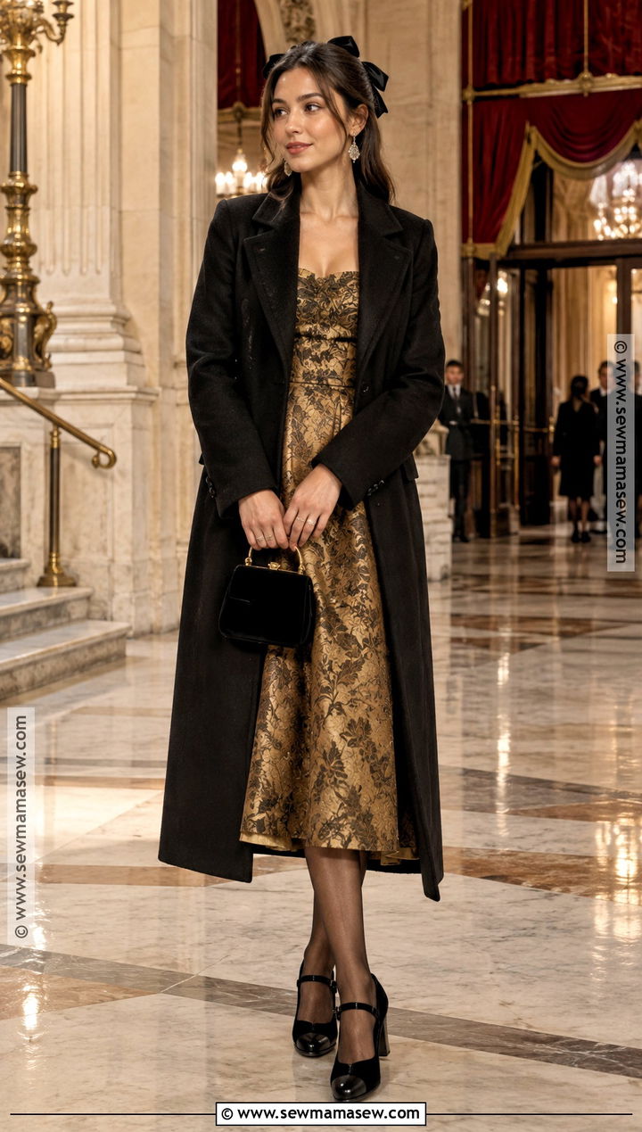 Gold Brocade Dress And Black Coat Fall Princess Outfit - 15 Fall Princess Outfit Ideas