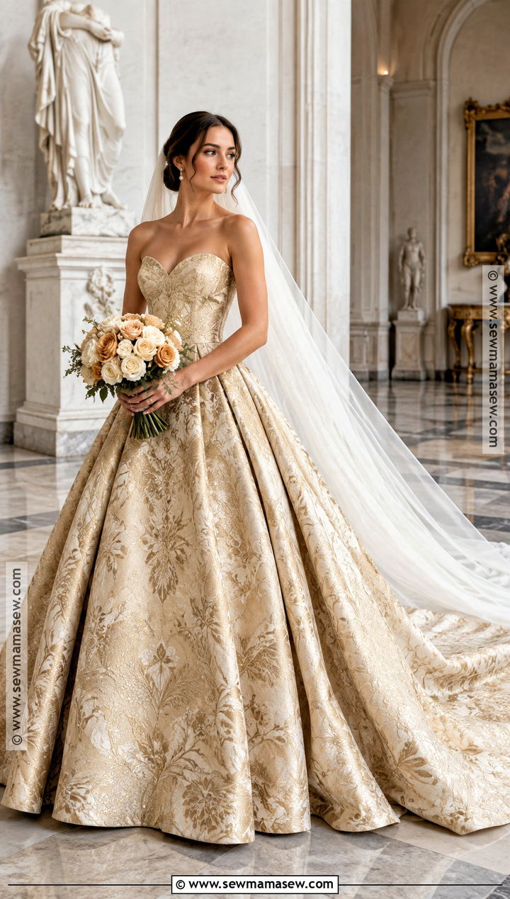 Gold Jacquard Fall Wedding Dress - 20 fall color wedding dress ideas