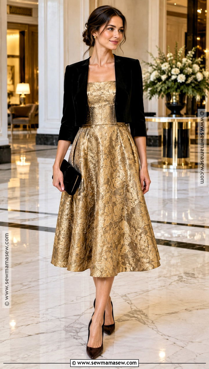 Gold Jacquard Fit And Flare Dress With Pumps - 15 Fancy Fall Dresses