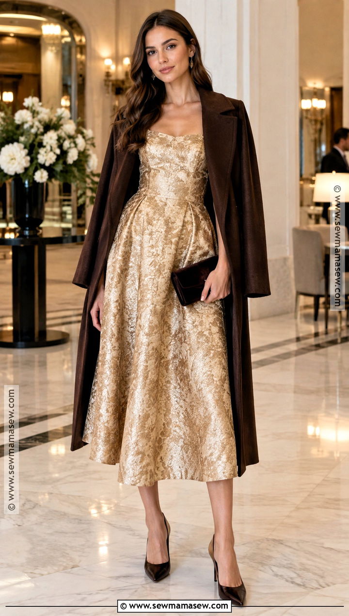 Gold Jacquard Midi Dress Outfit - 15 Fall Wedding Guest Midi Dress Ideas