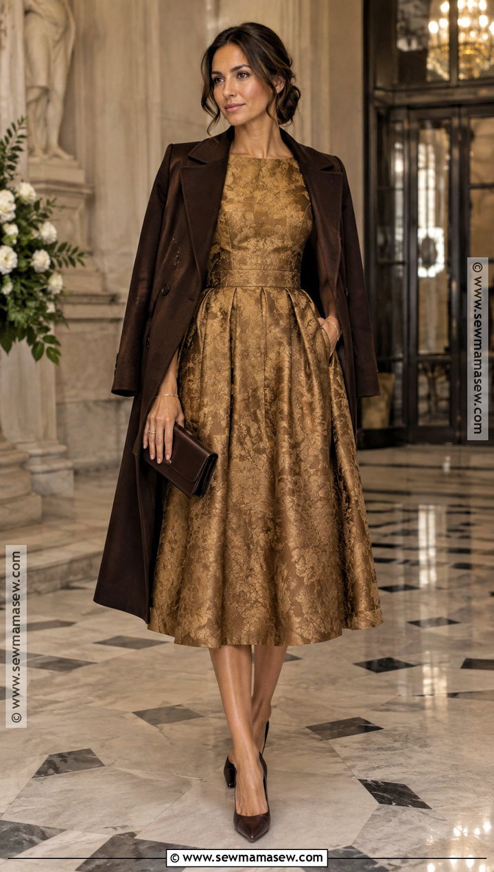 Gold Jacquard Midi Dress for a Fall Semi Formal Wedding - 20 fall semi formal wedding attire ideas