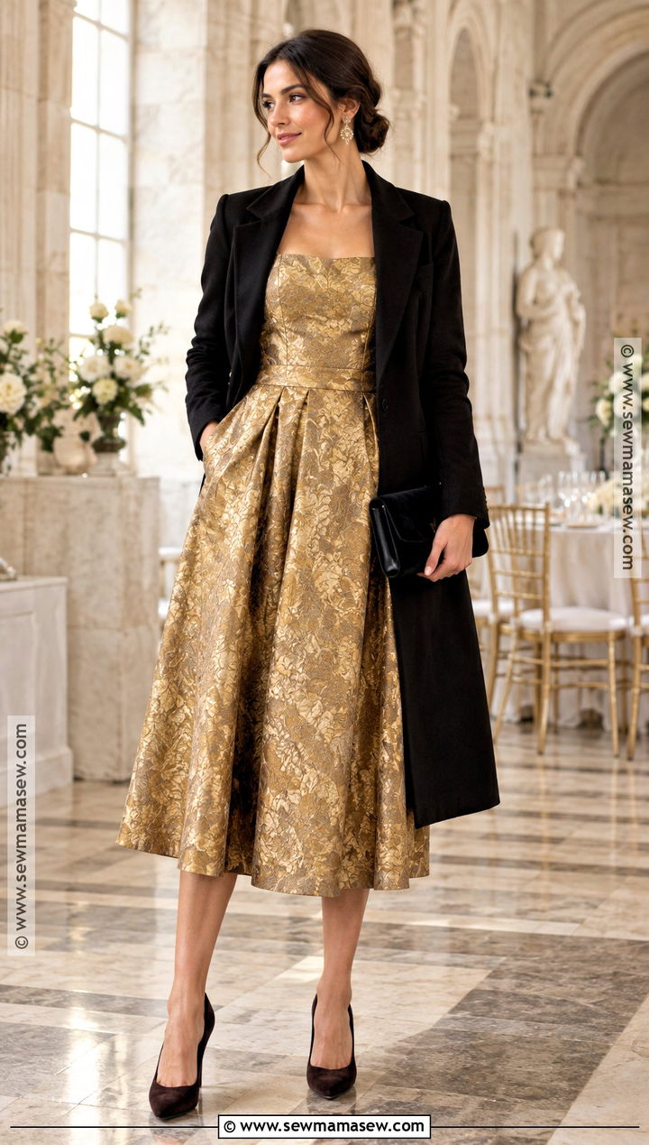 Gold Jacquard Midi Fall Wedding Guest Outfit - 15 cute fall wedding outfits for guest
