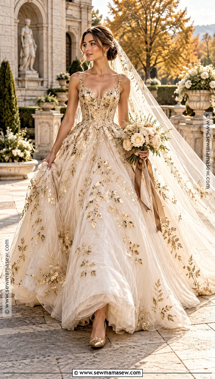 Gold Leaf Tulle Wedding Dress - 15 Autumn Leaf Wedding Dress Ideas