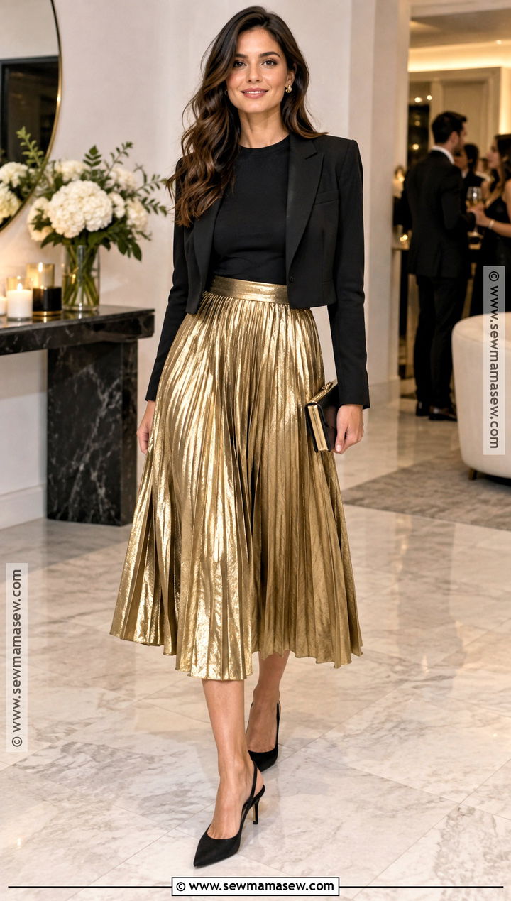 Gold Midi Skirt And Black Top Fall Cocktail Outfit - 20 fall cocktail party outfit ideas