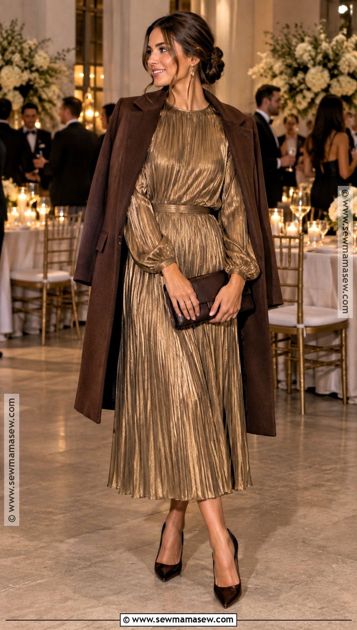 Gold Pleated November Wedding Guest Dress - 15 November Guest Wedding Dress Ideas
