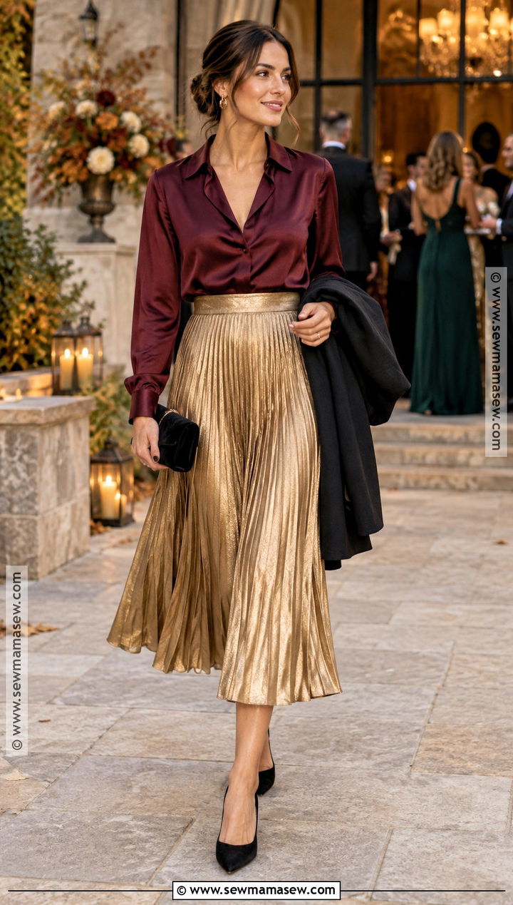 Gold Pleated Skirt Wedding Guest Outfit - 15 wedding guest looks autumn