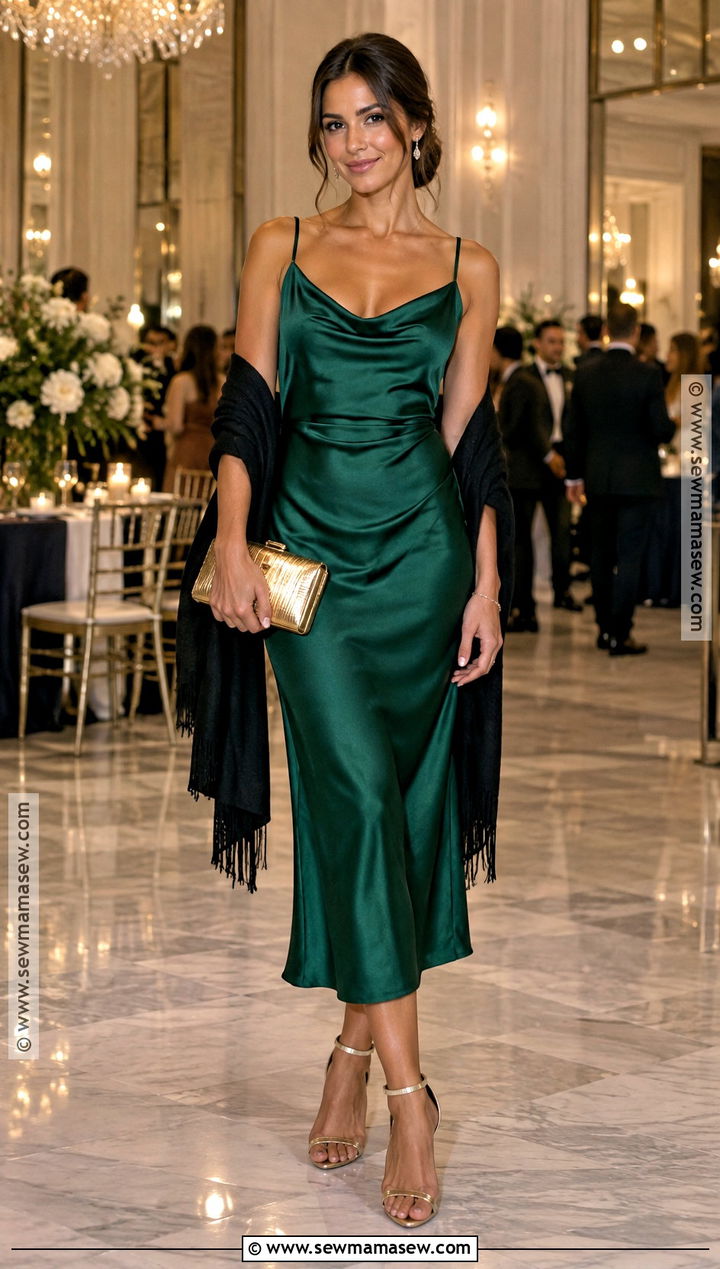 Gold Strappy Heels With Emerald Satin Dress - 15 shoes for fall wedding guest