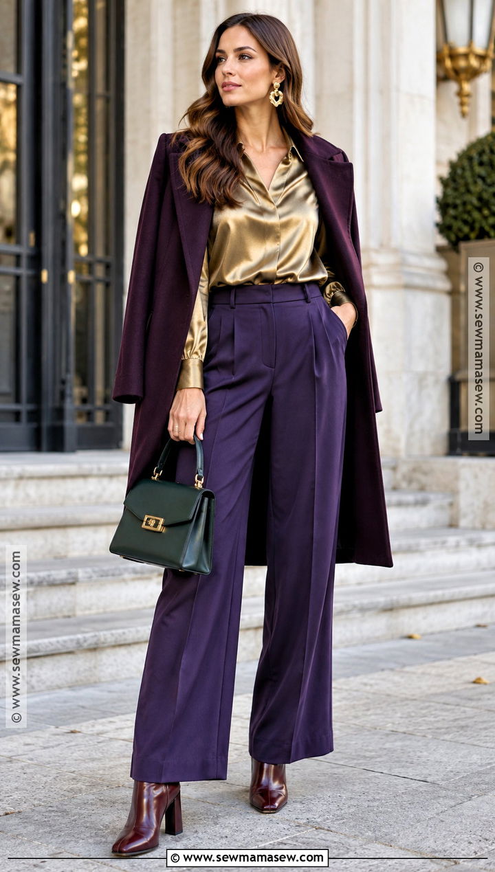 Gold Top And Purple Trousers Autumn Outfit - 20 colorful autumn outfits