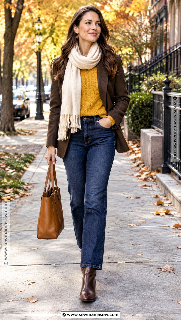 Golden Yellow And Dark Denim Autumn Outfit - 25 autumn color palette outfits