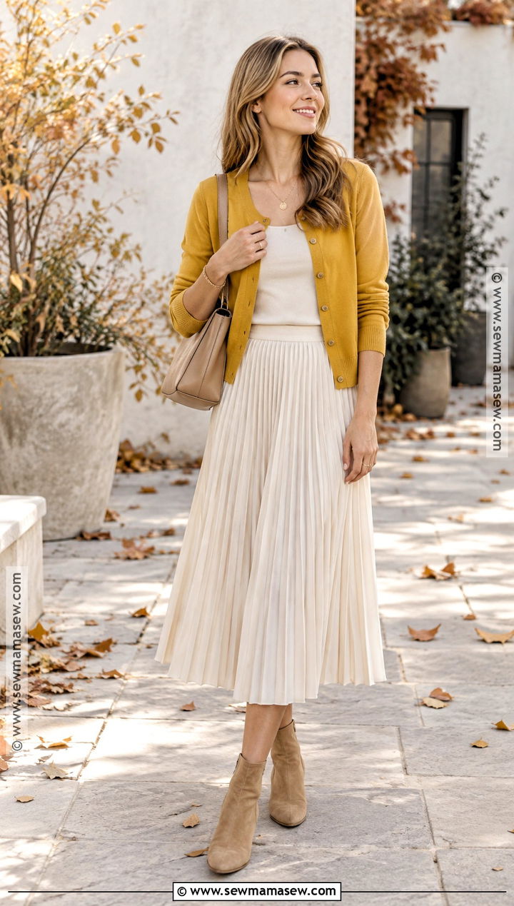 Golden Yellow Cardigan and Ecru Midi Skirt Outfit - 15 Light Spring Color Palette Outfits Capsule Wardrobe Fall