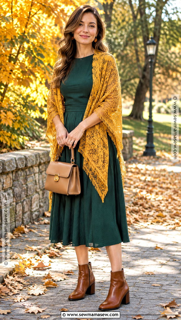 Golden Yellow Lace Shawl With Green Midi Dress - 15 autumn color lace shawl ideas