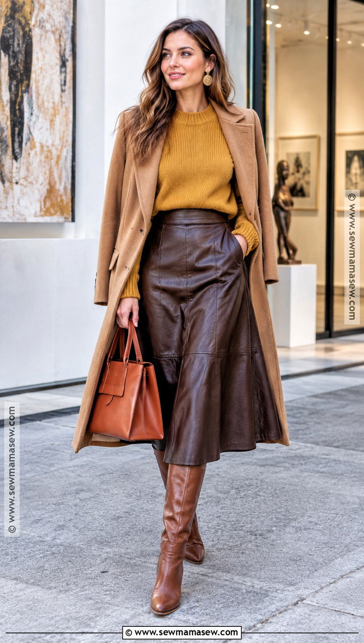 Golden Yellow Sweater And Chocolate Leather Skirt Outfit - 25 warm autumn color palette outfit ideas