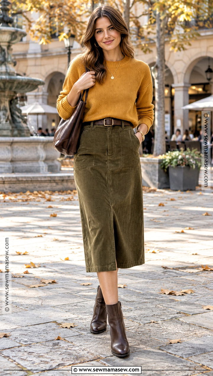 Golden Yellow Sweater And Olive Skirt Autumn Outfit - 25 autumn color outfits