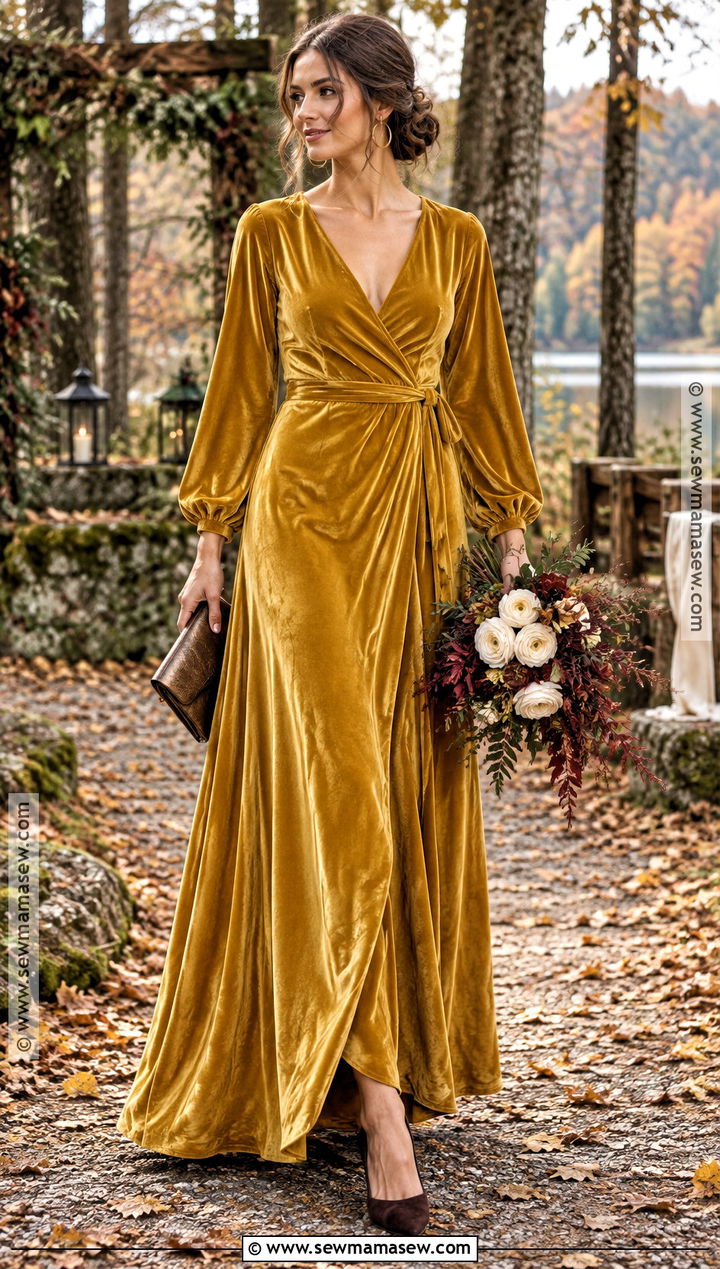 Golden Yellow Velvet Wrap Bridesmaid Dress - 15 Yellow Fall Bridesmaid Dresses
