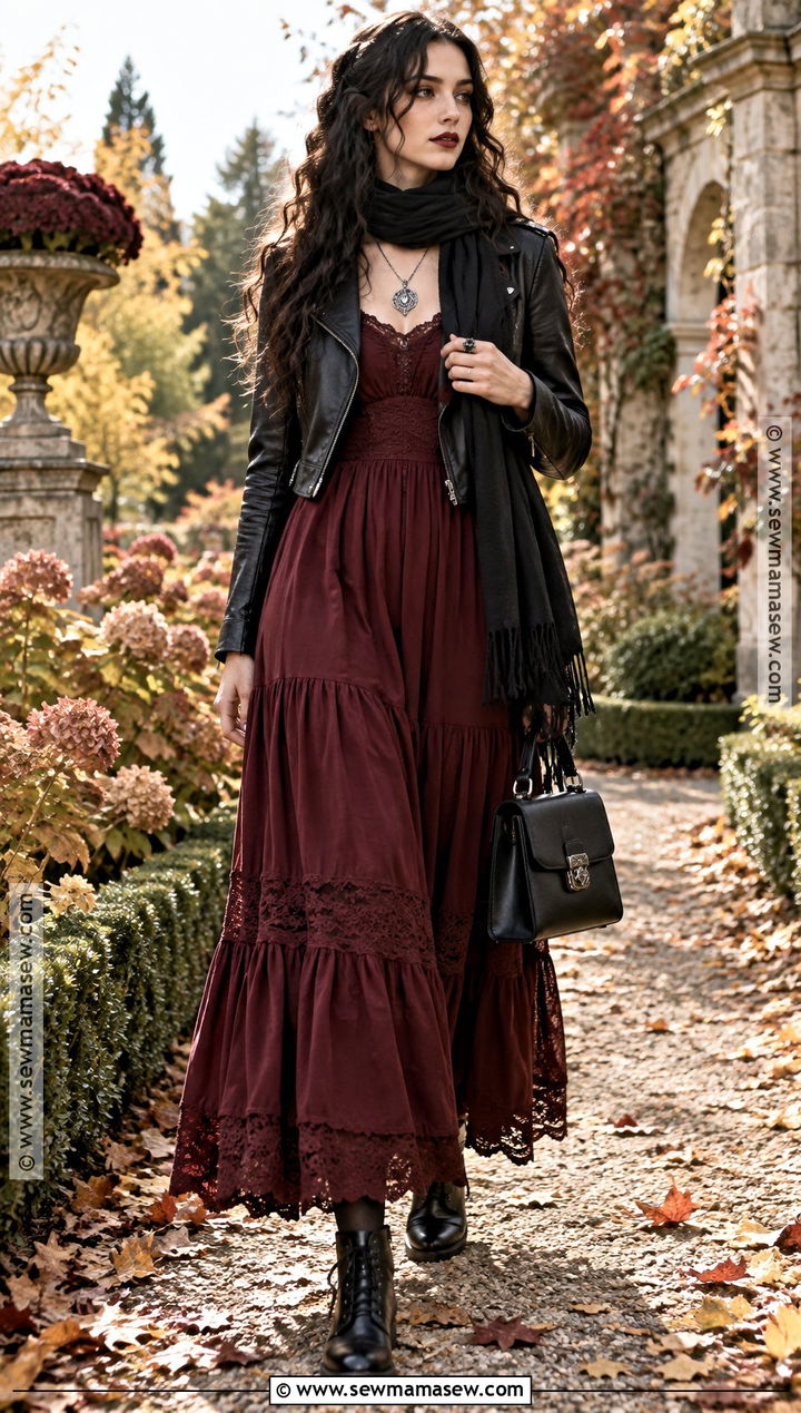 Goth Autumn Burgundy Maxi Dress Outfit - 20 goth autumn outfit ideas