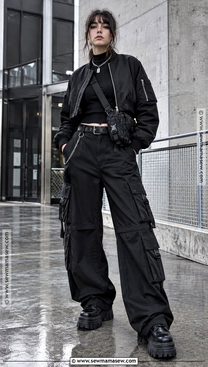Goth Autumn Cargo Pants and Bomber Jacket Outfit - 20 goth autumn outfit ideas