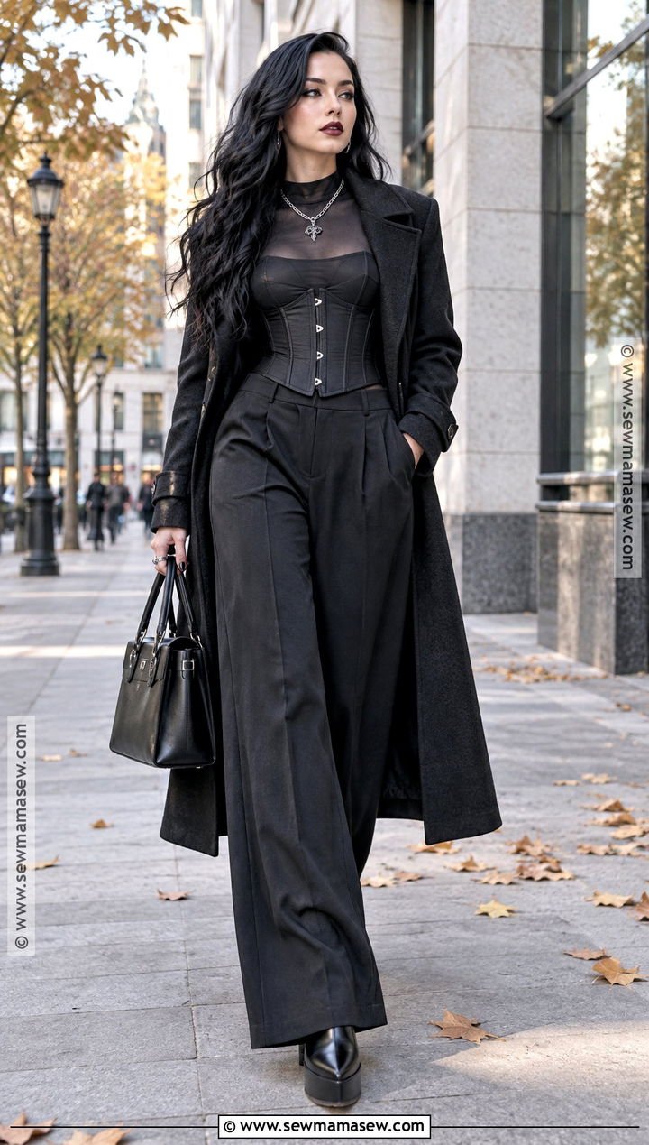 Goth Autumn Corset Top and Wide Leg Pants Outfit - 20 goth autumn outfit ideas